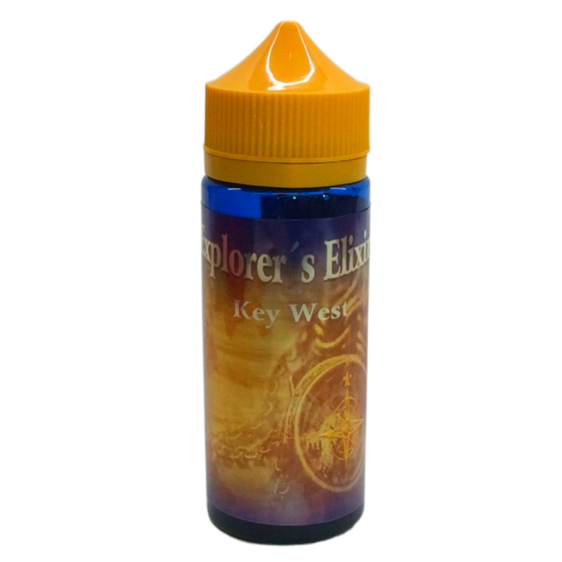 En gul och blå 120ml ejuice flaska med gul etikett med en kompass och guldsilver text där det står Explorers elixir key west.