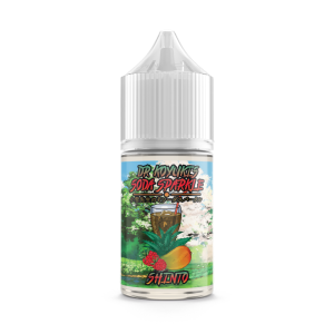 En 30ml vit genomskinlig ejuice flaska med en färgglad etikett med grön text där det står Dr koyoki soda sparkle shinto med bilder på frukter och bär som mango och hallon samt ett glas kola med moln och buskar i bakgrunden.
