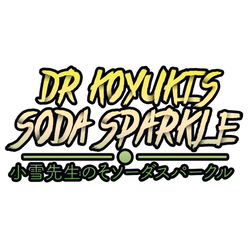 En logo för DR koyoki med gul och beige text där det står DR koyoki soda sparkle och grön text med japanska bokstäver .