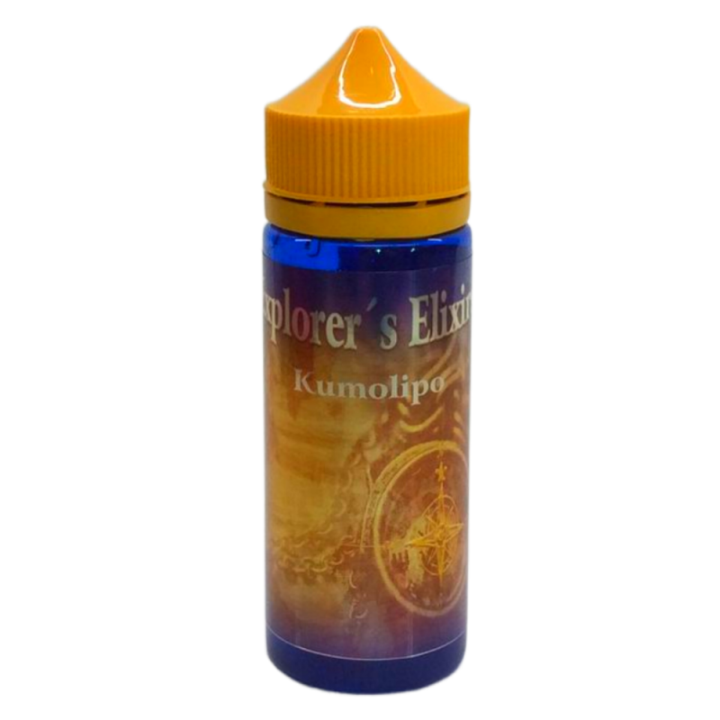 En gul och blå 120ml ejuice flaska med gul etikett med en kompass i bakgrunden och guldsilver text där det står Explorers elixir kumolipo.