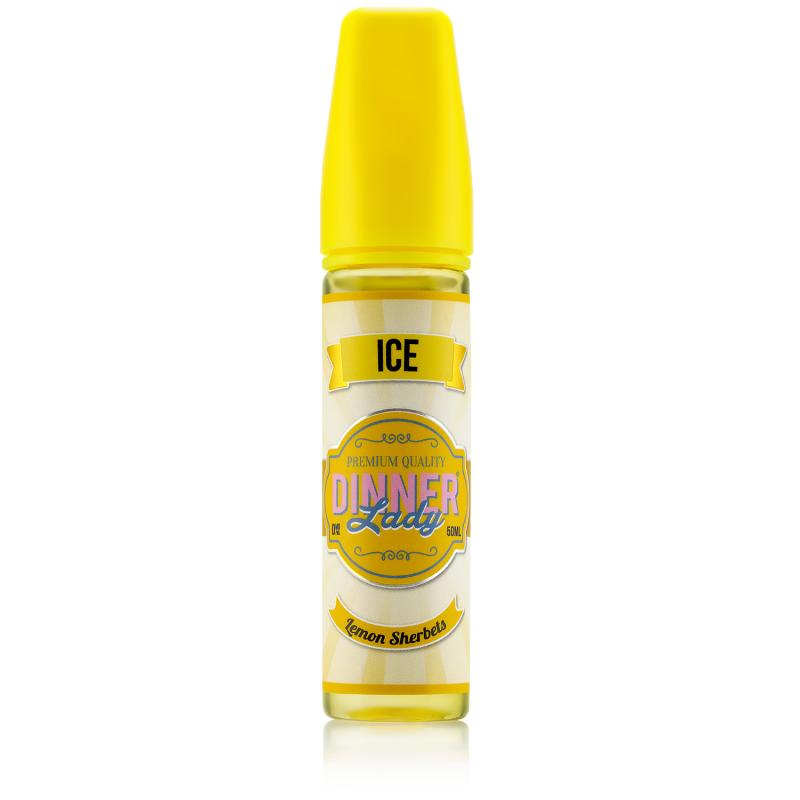 En gul 60ml ejuice flaska med gul och vit randig etikett med rosa blå och vit text där det står Dinner lady ice lemon sherbets.