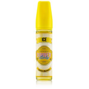 En gul 60ml ejuice flaska med gul och vit randig etikett med rosa blå och vit text där det står Dinner lady ice lemon sherbets.