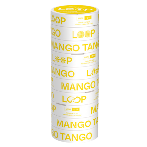 En vit och gul all white snusstock med gul text där det står Loop mango tango mini.