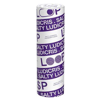 En vit och lila snusstock med all white snus med vit och lila text där det står Loop salty ludicris salty licorice and raspberry fusion.