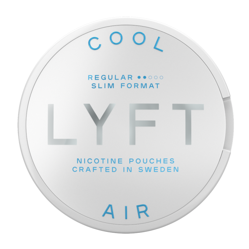 Vit dosa med silver och blå text som det står LYFT cool air regular med två blå prickar för styrka.