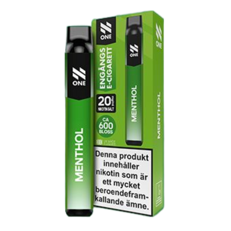En grön cylindrisk engångsvape med grön förpackning och vit text där det står N-ONE menthol 20mg 600 puffs.
