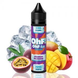 en svart 60ml flaska som har en lila och orange etikett har texten OhF! OhF-ice e-liquids skirvet i vit och tjock text bakom flaskan finns det passionsfrukt och mango samt ett par isbitar
