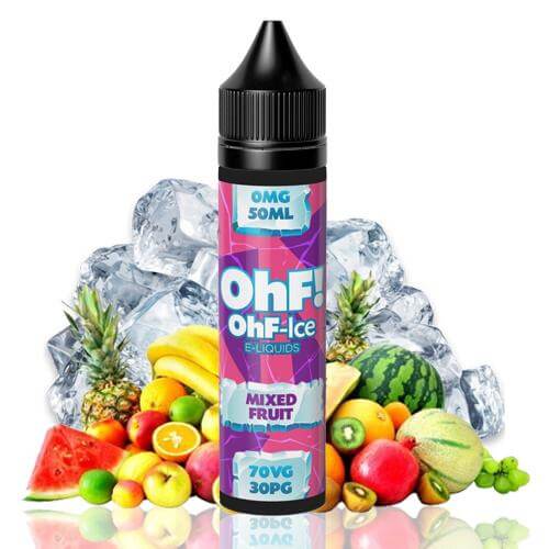 en svart 60ml flaska med texten OhF! OhF-ice e-liquids den har en rosa och lila etikett i bakgrunder finns det massor med tropiska frukter och ett berg med isbitar