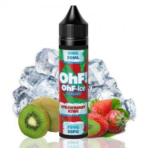 en svart 60ml flaska med en grön och röd etikett har texten OhF! OhF-ice strawberry kiwi i ett tjockt typsnitt bakom flaskan finns en skivad och en hel kiwi samt jordgubbar och massor med iskuber