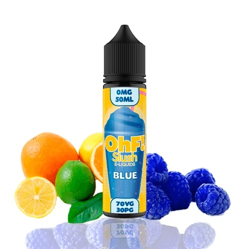 svart 60ml flaska med texten OhF! Slush e-liquids Blue det är en blå slush dryck med gul bakgrund på etiketten bakom flaskan ligger det blåa hallon citroner apelsiner och en lime