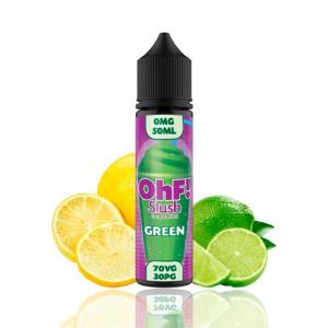 svart 60ml flaska med texten OhF! Slush e-liquids Green etiketten visar en grön slush dryck med lila bakgrund bakom flaskan ligger det lime och citroner
