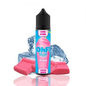 svart 60ml flaska med texten OhF!  Slush e-liquids Pink på etiketten är det en rosa slush dryck med en blå bakgrund bakom flaskan är det tre rosa tuggumin och tre iskuber