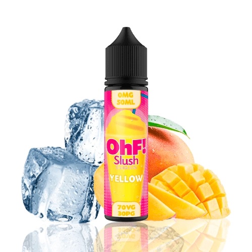 svart flaska med texten OhF! Slush eliquids under står det Yellow  med en gul slush dryck på etiketten bakom flaskan är det isbitar och mango