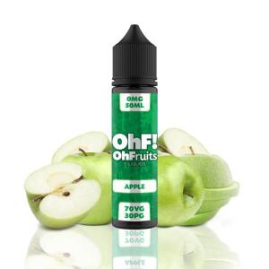 en svart 60ml flaska med en blank grön etikett har texten OhF! OhFruits e-liquids apple i en vit och tjock stil bakom flaskan ligger det gröna äpplen både delade och hela