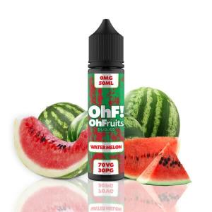 svart 60ml flaska med texten OhF! OhFruits e-liquids watermelon etiketten som glänser  är grön och röd spräcklig bakom flaskan ligger det ett flertal vattenmeloner samt vattenmelon skivor