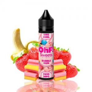 svart 60ml flaska med en rosa etikett med texten OhF! SWeets e-liquids bubblegum texten är skriven i en neon rosa färg som är omringad av godis i olika slag bakom flaskan finns tuggumin som är rosa och gula jordgubbar och en banan