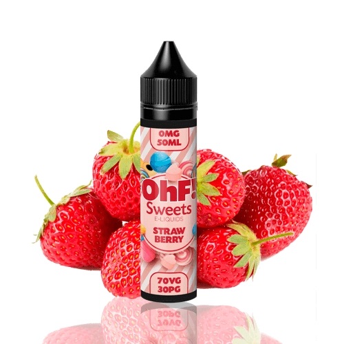 svart 60ml flaska med texten OhF! Sweets e-liquids Strawberry etiketten visar diverse godis sorter primärt rosa godis bakom flaskan är det en hög med jordgubbar