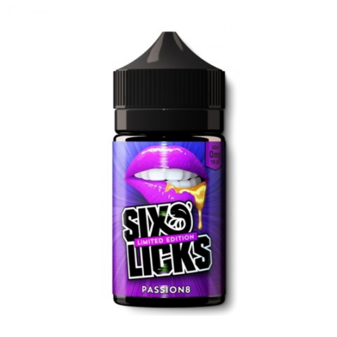 svart plastflaska med mörk blå etikett , och text 'Sick Licks' och 'Passion 8'