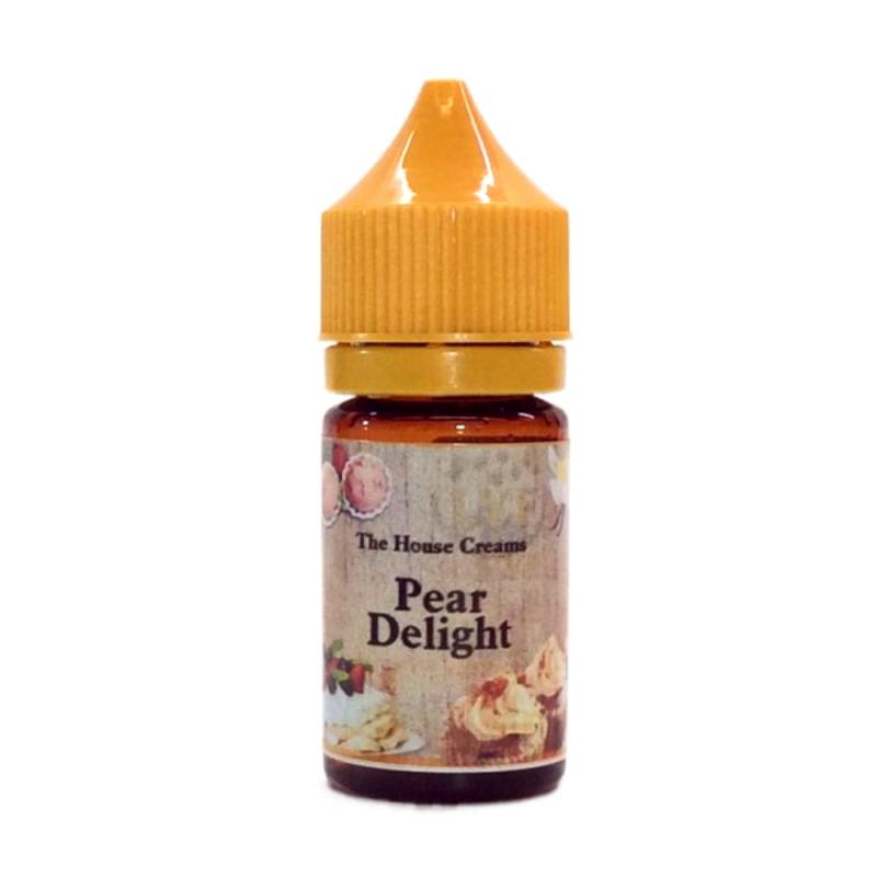 30ml brun ejuice flaska med orangegul kork, etiketterad with bilder på glaserade bakelser, en vaniljblomma och vaniljstänger och text The House Creams, flavour Pear Delight
