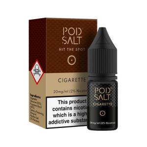 En svart 10ml ejuice flaska med svart etikett och brun och beige förpackning med beige text där det står Pod salt cigarette 20mg.