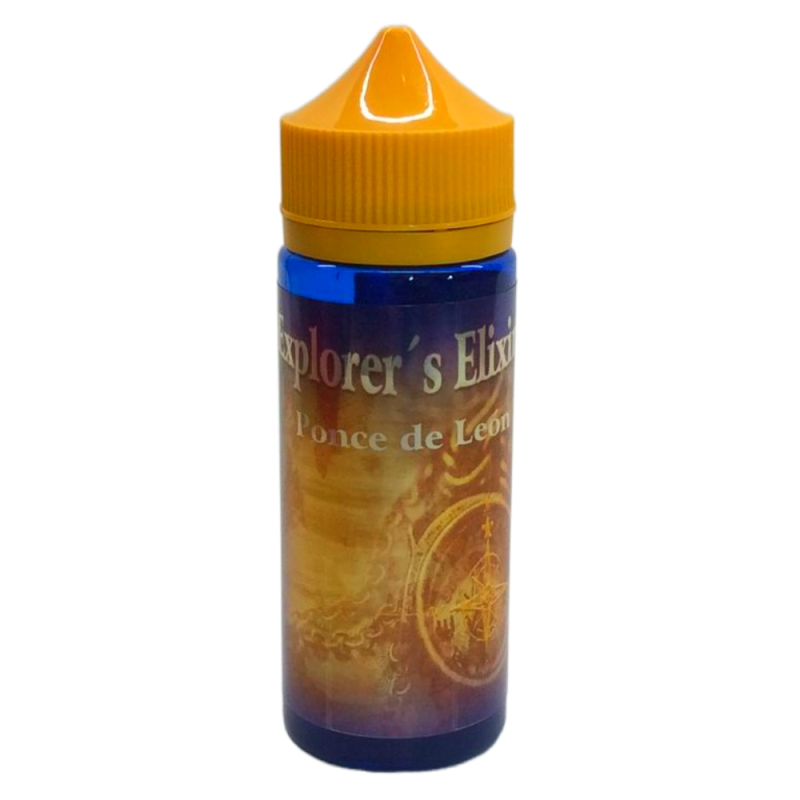 En gul och blå 120ml ejuice flaska med gul etikett med en kompass i bakgrunden med guldsilver text där det står Explorers elixir ponce de leon.