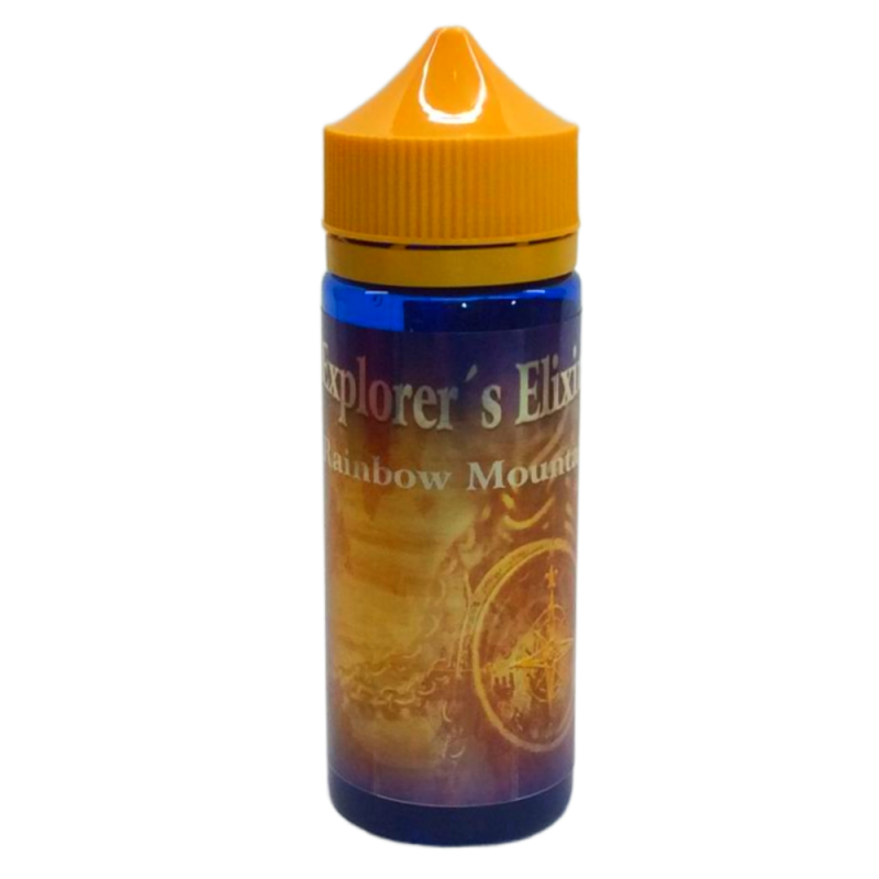 En gul och blå 120ml ejuice flaska med gul etikett med en kompass i bakgrunden och guldsilver text där det står Explorers elixir rainbow mountain.