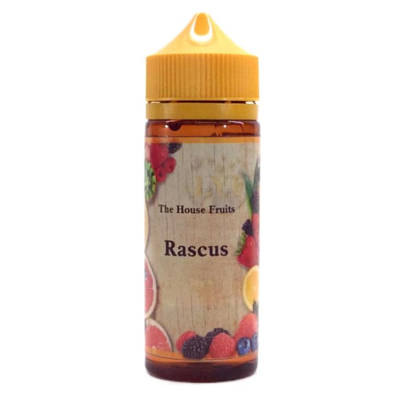 120ml brun flaska med orangegul kork, etiketterad with bilder på frukter och bär och text The House Fruits, flavour Rascus