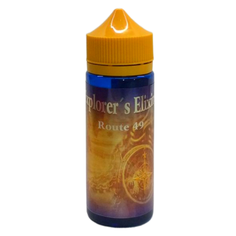 En blå och gul 120ml ejuice flaska med gul etikett med en kompass i bakgrunden med guldsilver text där det står Explorers elixir route 49.