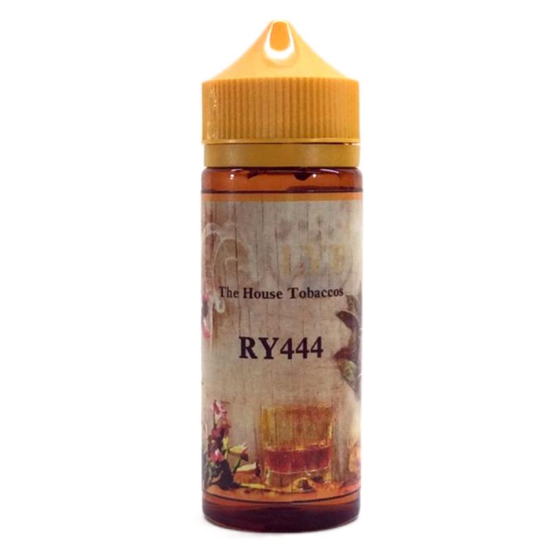 120ml brun flaska med orangegul kork, etiketterad with bilder på tobaksblad och text The House Tobaccos, RY444