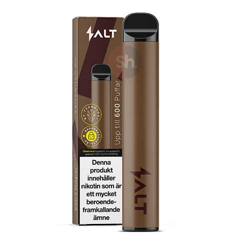 En avlång brun engångsvape med svart munstycke med en brun förpackning och vit text där det står Salt coffee tobacco 20mg 600 puffs.