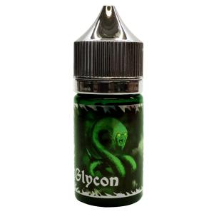 En silvergrön 30ml skrock ejuice flaska med grön etikett och silvrig text där det står Glycon med en bild på Orm guden Glycon i bakgrunden.