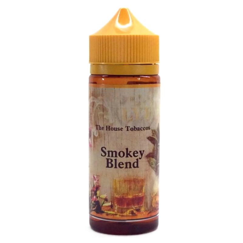 120ml brun flaska med orangegul kork, etiketterad with bilder på tobaksblad och text The House Tobaccos, Smokey Blend