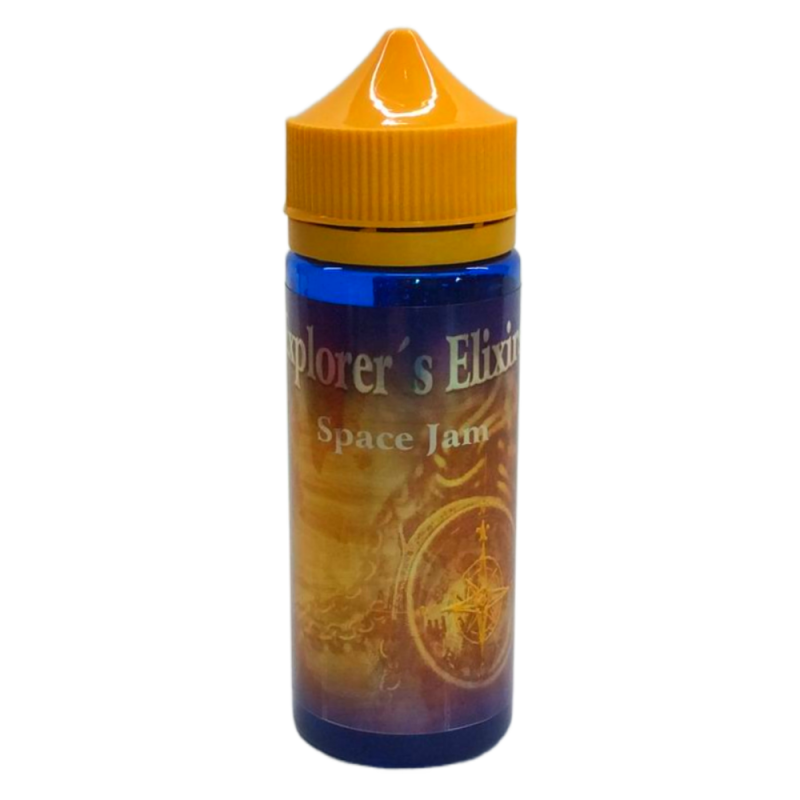 En gul och blå 120ml ejuice flaska med gul etikett med en kopass i bakgrunden med guldsilver text där det står Explorers elixir space jam.