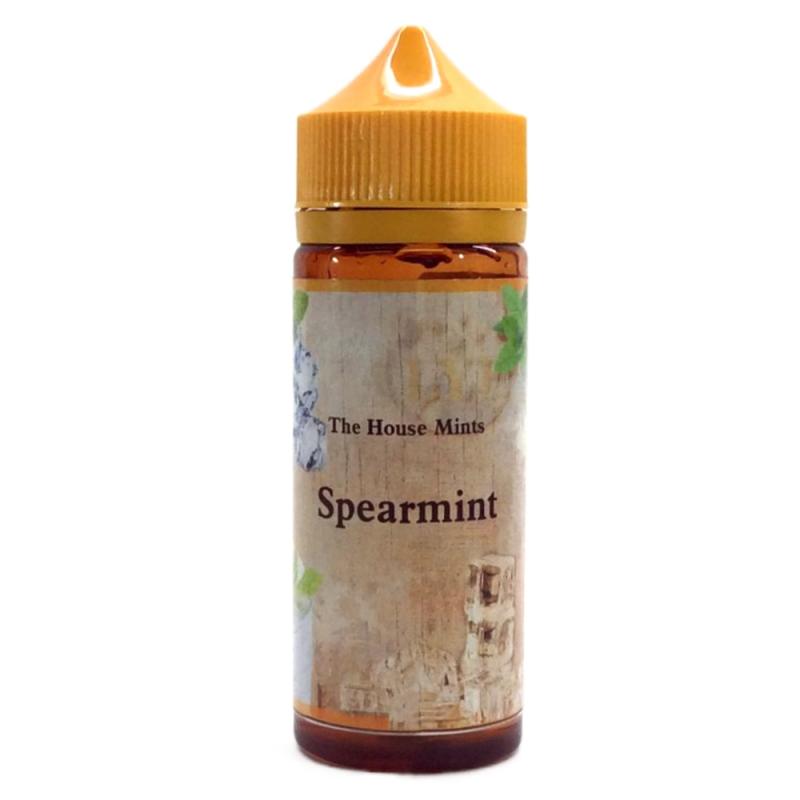 120ml brun flaska med orangegul kork, etiketterad with bilder på is och myntablad och text The House Mints, flavour Spearmint