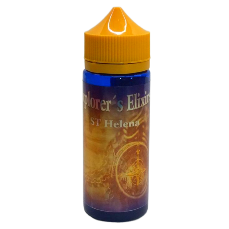En blå ochgul 120ml ejuice flaska med gul etikett med en kompass i bakgrunden med guldsilver text där det står Explorers elixir ST helena.