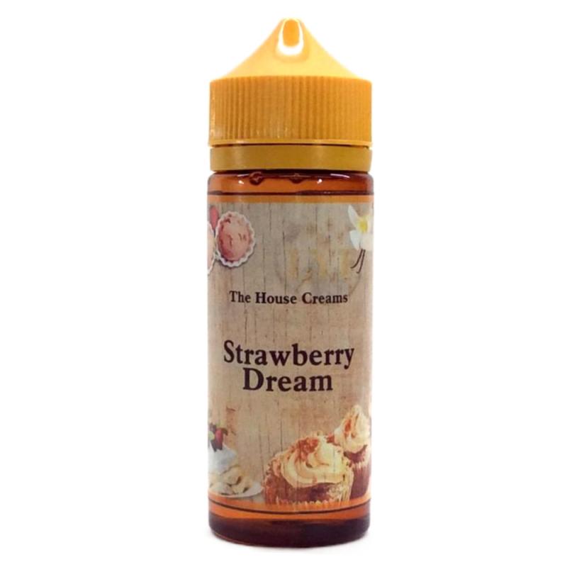 120ml brun ejuice flaska med orangegul kork, etiketterad with bilder på glaserade bakelser, en vaniljblomma och vaniljstänger och text The House Creams, flavour Strawberry Dream