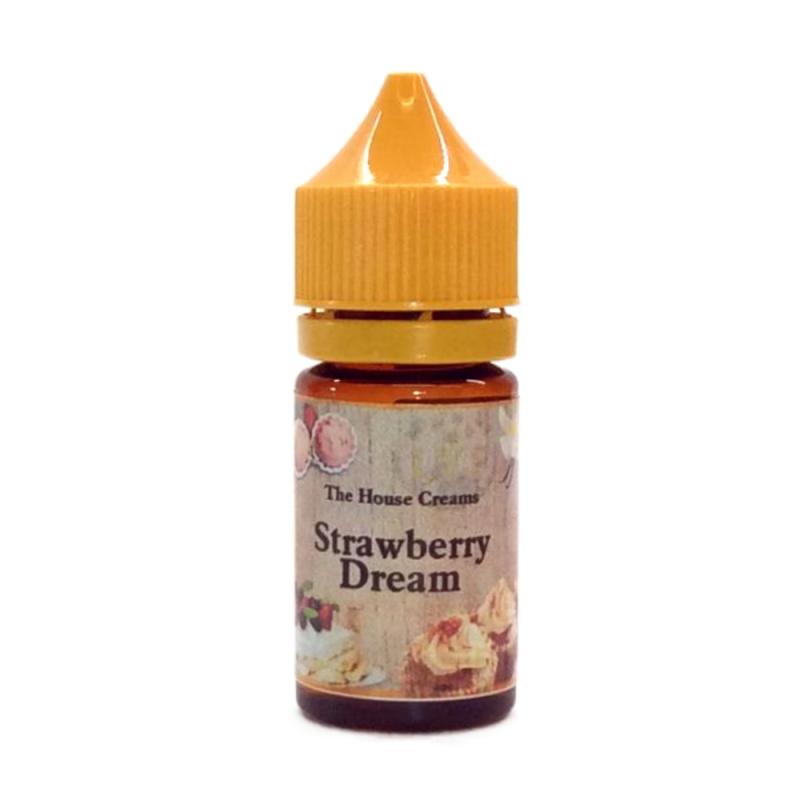 30ml brun ejuice flaska med orangegul kork, etiketterad with bilder på glaserade bakelser, en vaniljblomma och vaniljstänger och text The House Creams, flavour Strawberry Dream