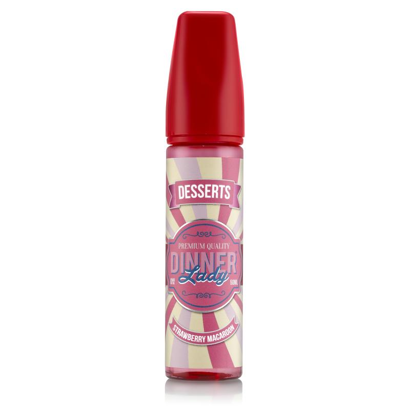 En röd 60ml ejuice flaska med en rosa gul och lila randig etikett med rosa blå och vit text där det står Dinner lady desserts strawberry macaroon.