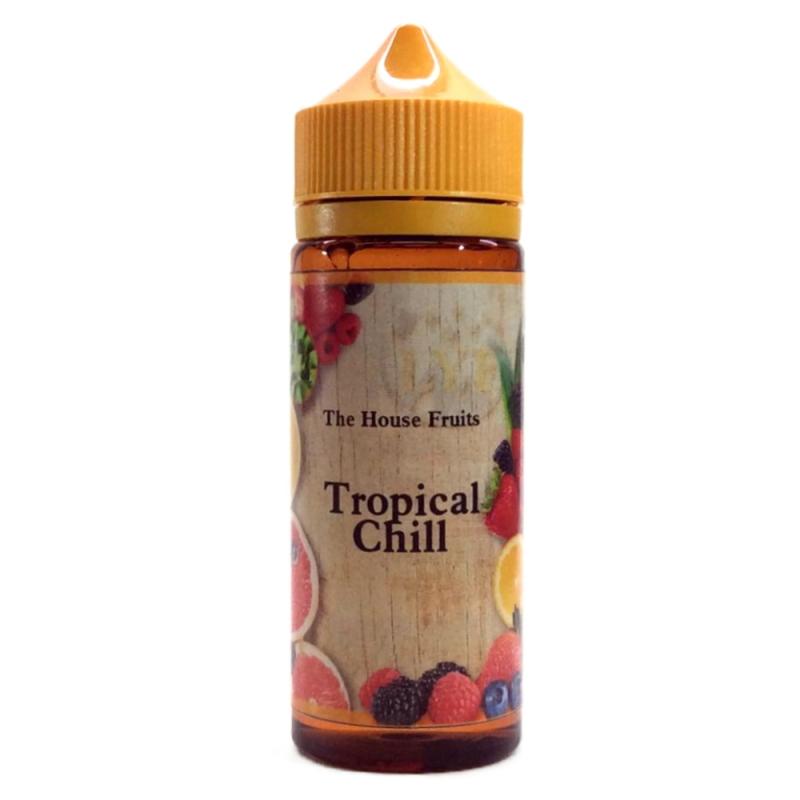 120ml brun flaska med orangegul kork, etiketterad with bilder på frukter och bär och text The House Fruits, flavour Tropical Chill