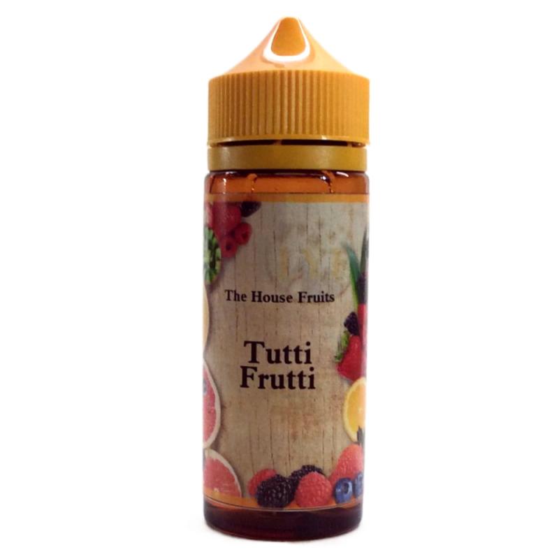 120ml brun flaska med orangegul kork, etiketterad with bilder på frukter och bär och text The House Fruits, flavour Tutti Frutti