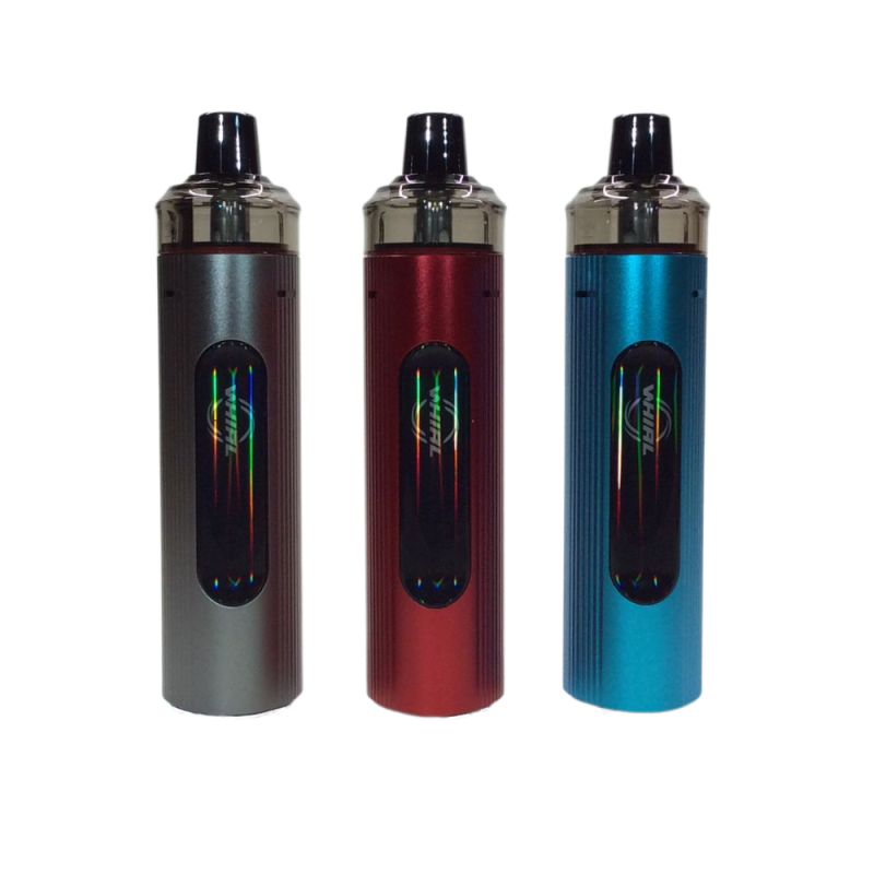 Tre stycken cylindriska triangulära uwell whirl t1 ecigg podsystem med färgerna grå röd och blå på eciggen finns en liten display skärm som visar inställningarna.