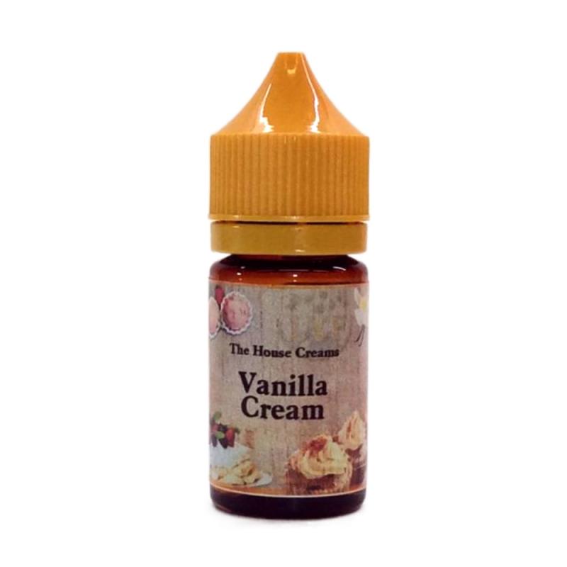 30ml brun ejuice flaska med orangegul kork, etiketterad with bilder på glaserade bakelser, en vaniljblomma och vaniljstänger och text The House Creams, flavour Vanilla Cream