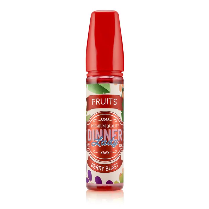 En röd 60ml ejuice flaska med beige och röd etikett med rosa blå och vit text där det står Dinner lady fruits berry blast.