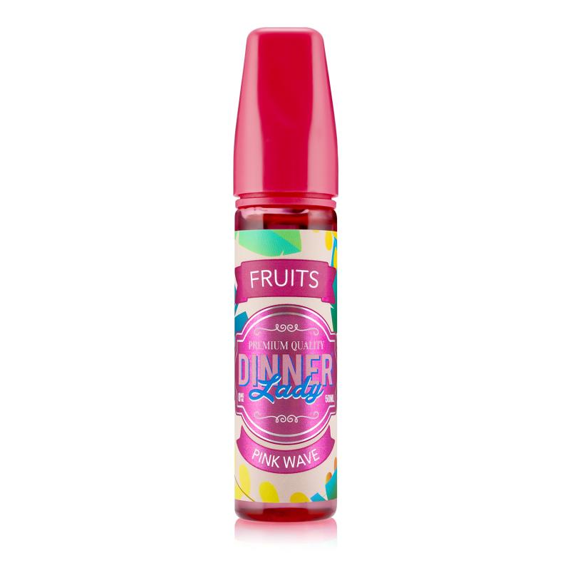 En röd 60ml ejuice flaska med beige och rosa etikett med massa frukter i bakgrunden med rosa blå och vit text där det står Dinner lady fruits pink wave.