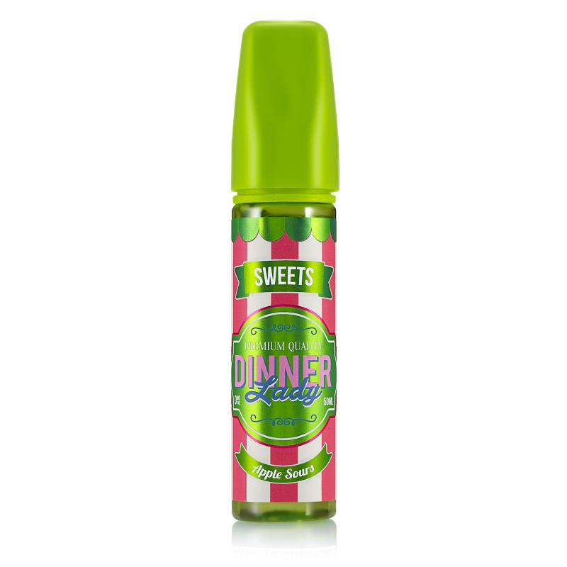 En grön ejuice flaska med rosa och vit randig etikett med vit rosa och blå text där det står dinner lady sweets apple sours.