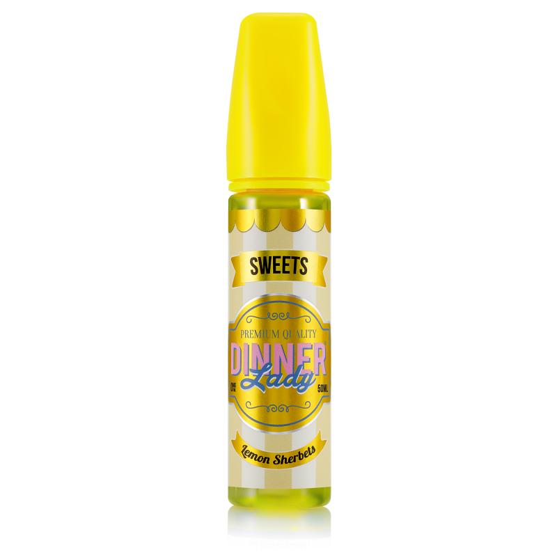 En gul 60ml flaska ejuice med gul och vit randig etikett med rosa blå och svart text där det står Dinner lady sweets lemon sherbet.