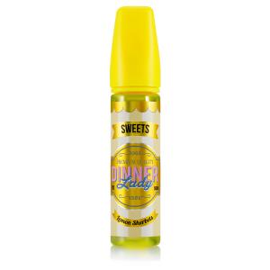 En gul 60ml flaska ejuice med gul och vit randig etikett med rosa blå och svart text där det står Dinner lady sweets lemon sherbet.