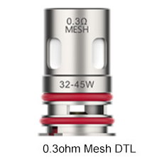 En cylindrisk silvrig gtx 0,3ohm coil med röda gummiringar runt.