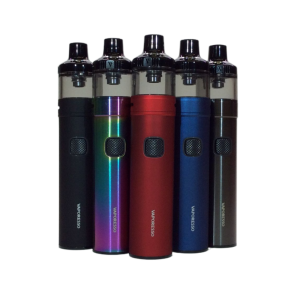 Fem stycken cylindriska avlånga vaporesso gtx go 40 ecigg kit med färgerna svart, regnbåge, röd, blå och grå.
