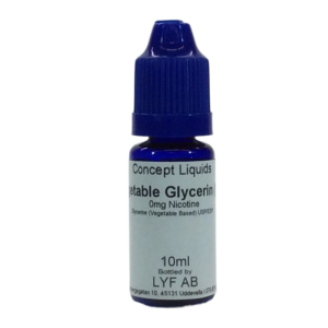 En blå flaska med vit etikett och svart text där det står vegetabel glycerin 0mg nikotin 10ml.